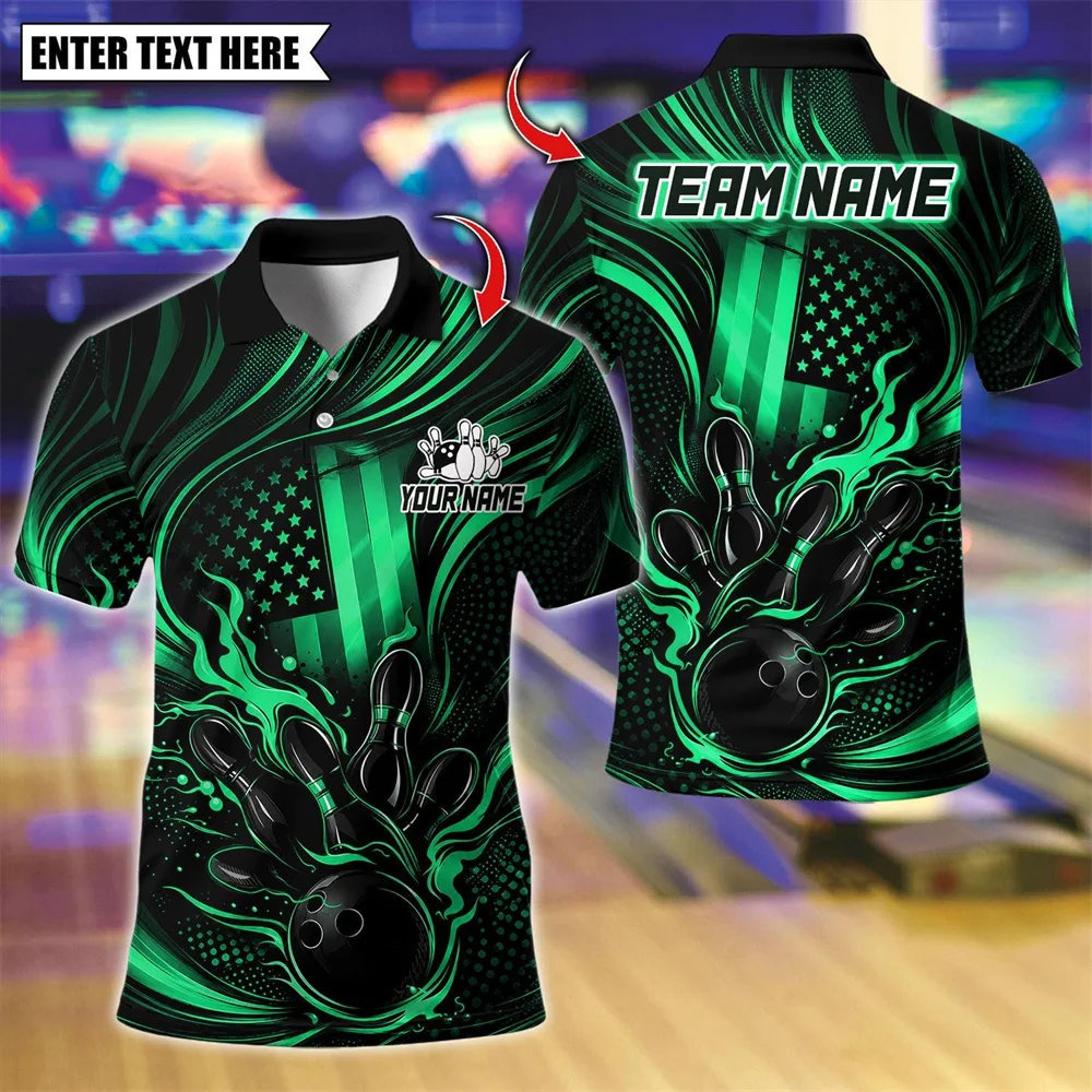 Personalized Men's Polo Shirt Short Sleeve 3D Bowling Ball Pins Print Custom Team Name USA Flag Summer Sports Team Uniform Tops