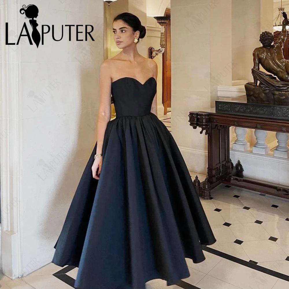 Tea Length Black A line Evening Dresses Off Shoulder Strapless Neck Party Box Pleat Satin Prom Gown Sweetheart