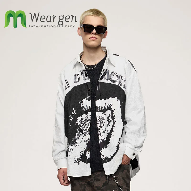 Men Clothing One Punch Digital Printed Shirt Autumn and Winter New Street Fashion Brand Seersucker Long Sleeve 7099W24