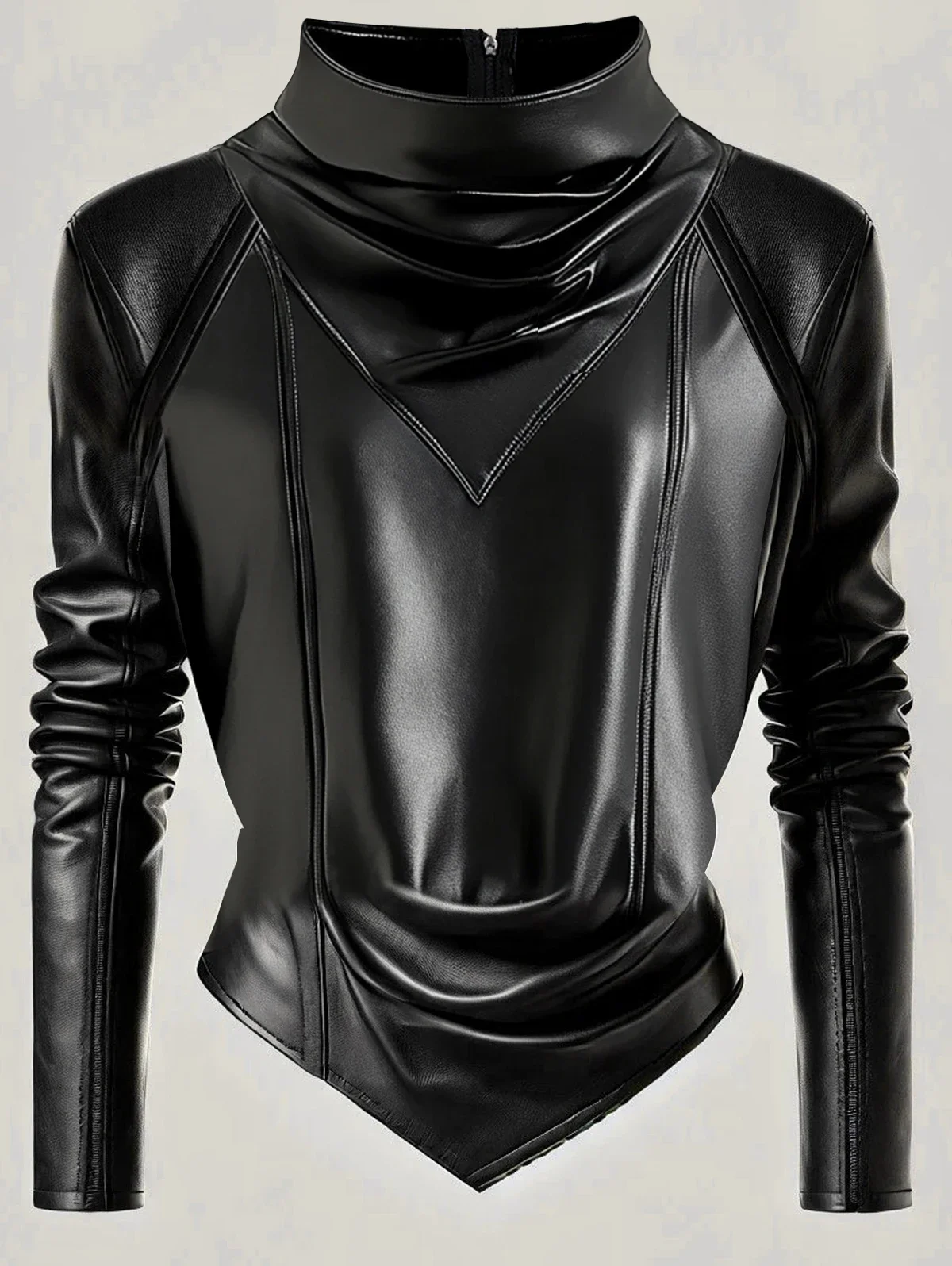 

Women Mock Neck PU Leather Long Sleeve Blouse Back Zipper Cinched Irregular Hem Leather TShirt High Street Streetwear 2025