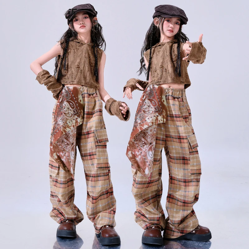 Gothic Style Kpop Clothing Hazz Dance Costume Girls Hooded Navel Tops Checked Pants Street Dance Hiphop Performance Suit BL15745