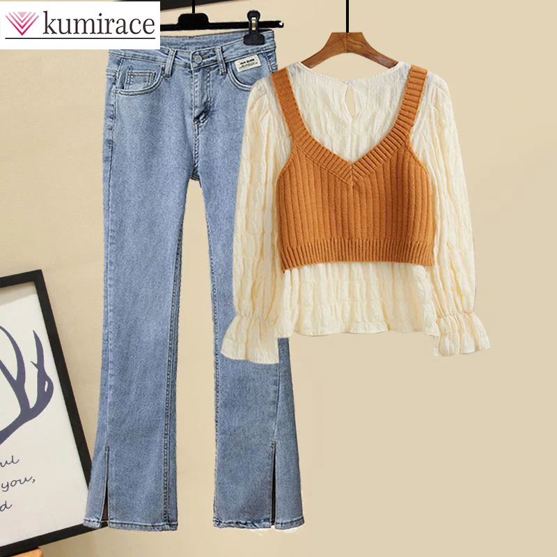 Korean Large Women's Autumn Suit 2022 New Suspender Vest Round Neck Shirt Jeans Three Piece Elegant Women's Pants Set