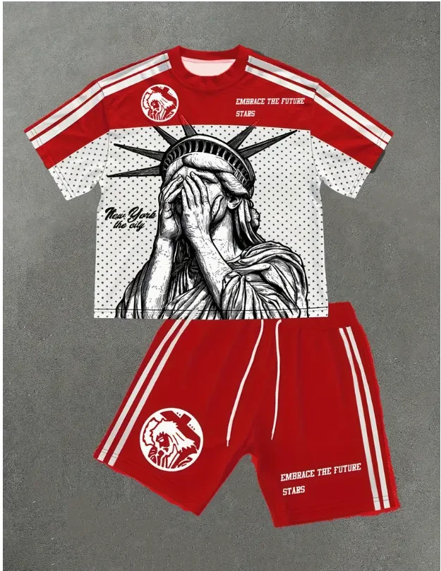 

The 2025 Summer New 3D Statue of Liberty Print Casual Fashionable Soft Comfortable Breathable and Lightweight Women's Suit