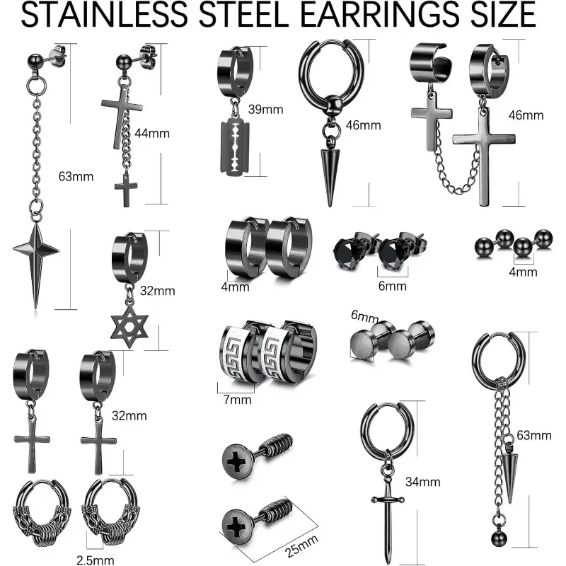 Florideco 12 Pairs Mens Earrings Stainless Steel Stud Earring Set for Men Women Hoop Dangle Cross Punk Gothic Earrings Halloween
