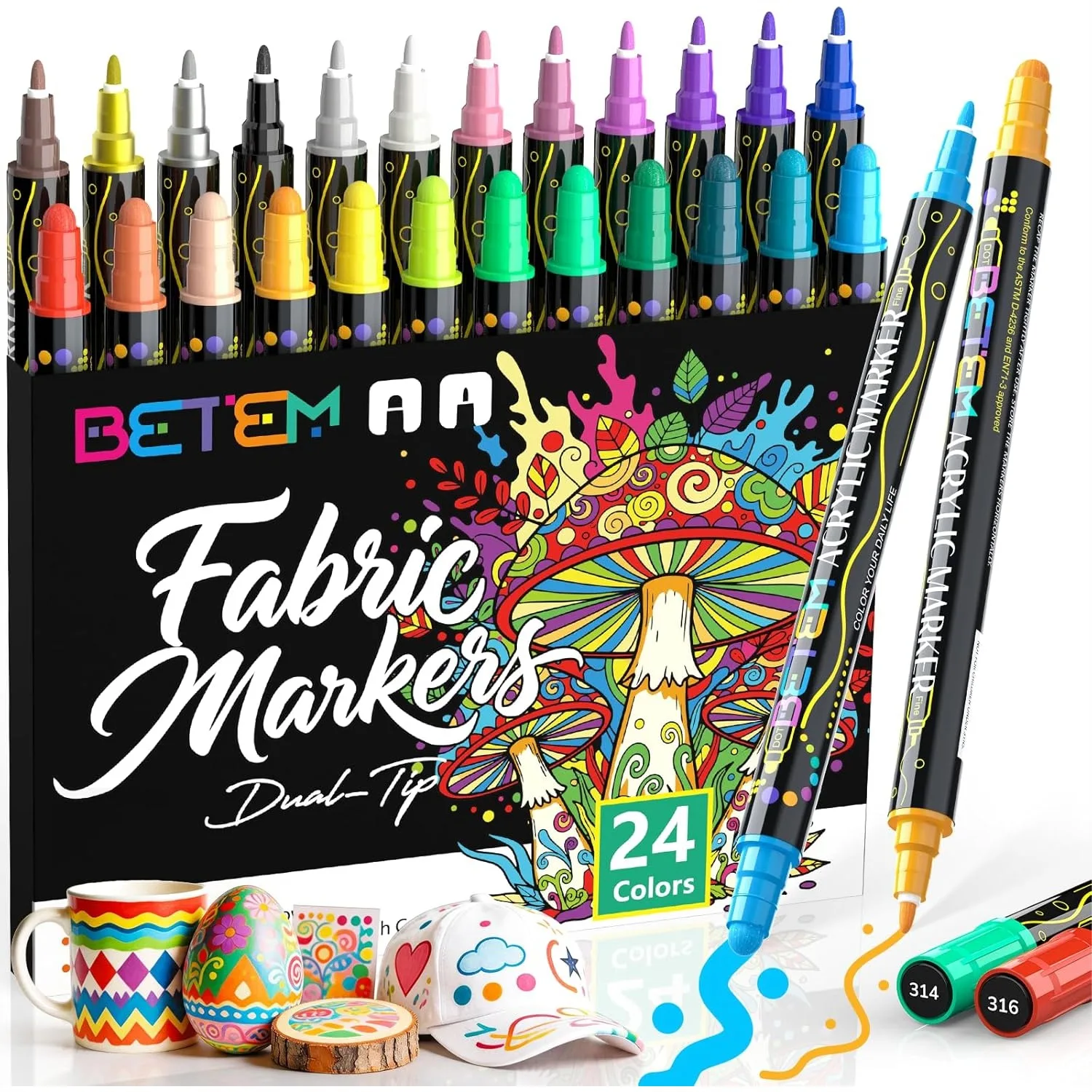 

24 Colors Dual Tip Acrylic Paint Markers for Fabric, Rock, Wood, Canvas, Ceramic Art Supplies