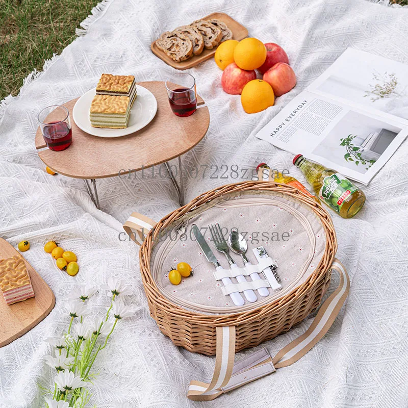 

Picnic basket rattan multi-functional wicker outdoor camping incubator spring outing camping dinner basket with lid
