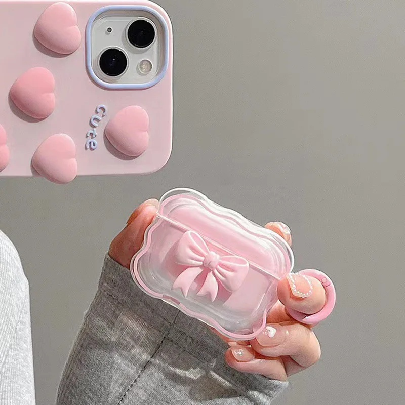 Luxury 3D Bow Wave Case for Apple AirPods Pro 2nd Case Pink Floral Girl Cover for AirPods 4 3 2 1 Wireless Box With Keyring Bags