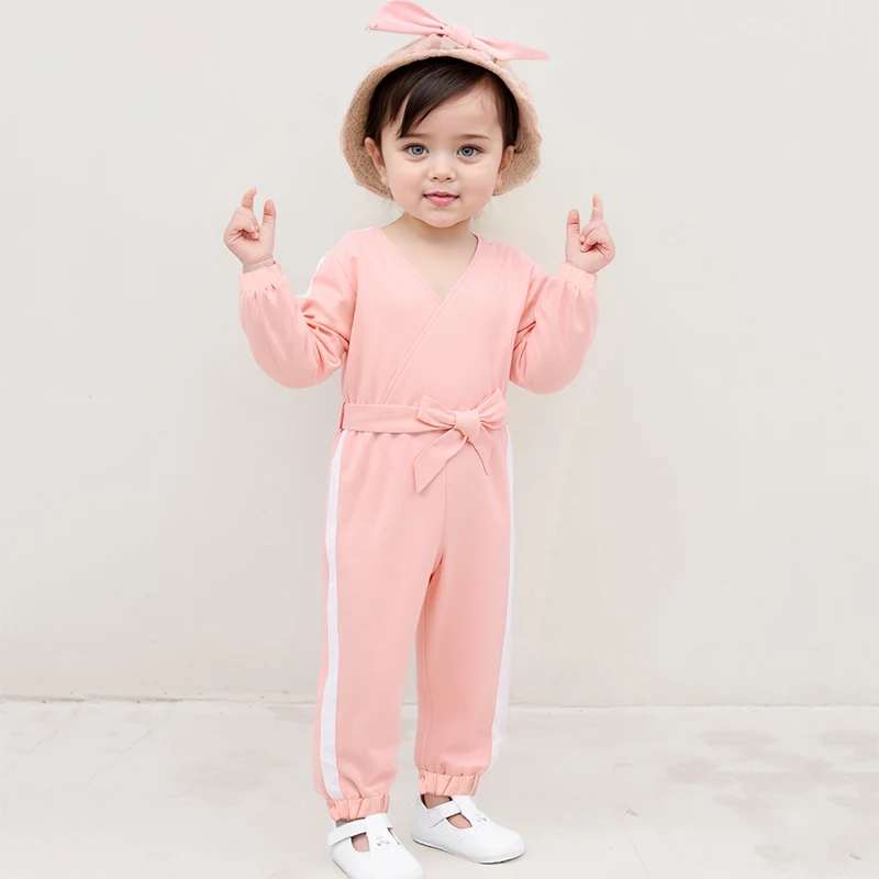 

Elegant V-Neck Pink Long-Sleeved Jumpsuits for Girls Spring Autumn Casual Comfortable Trendy Outfit