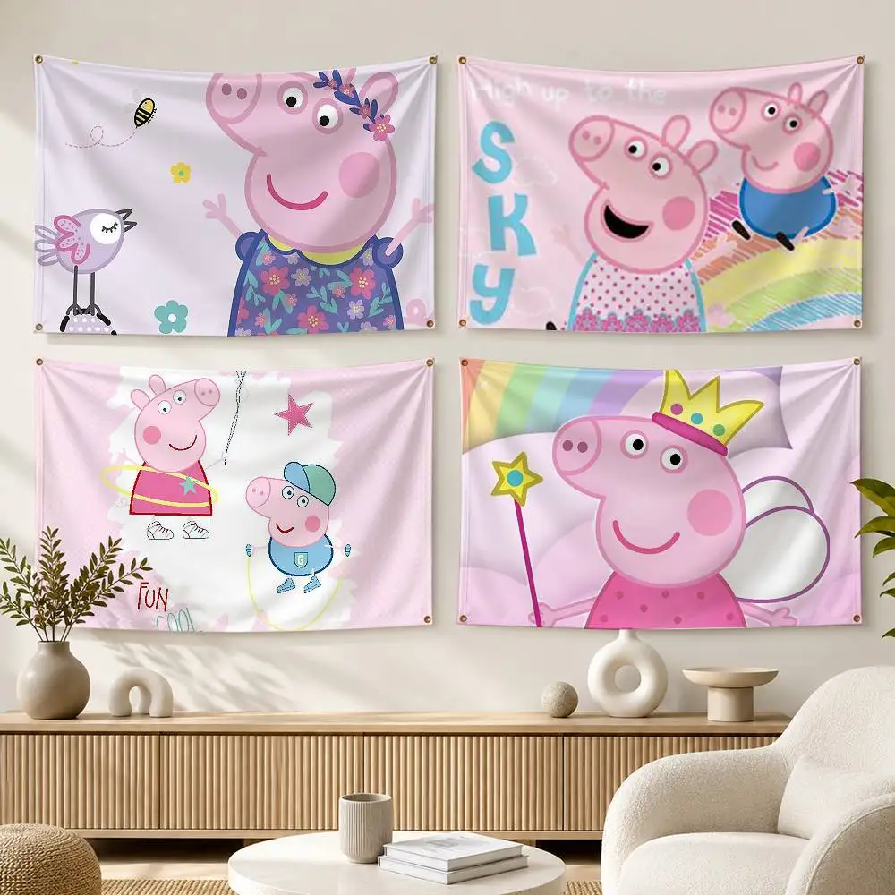 Kids Cartoon P-Peppa-a Pig  Flags Wall Hanging Background Art Banner for Bedroom Home Outdoor Decor