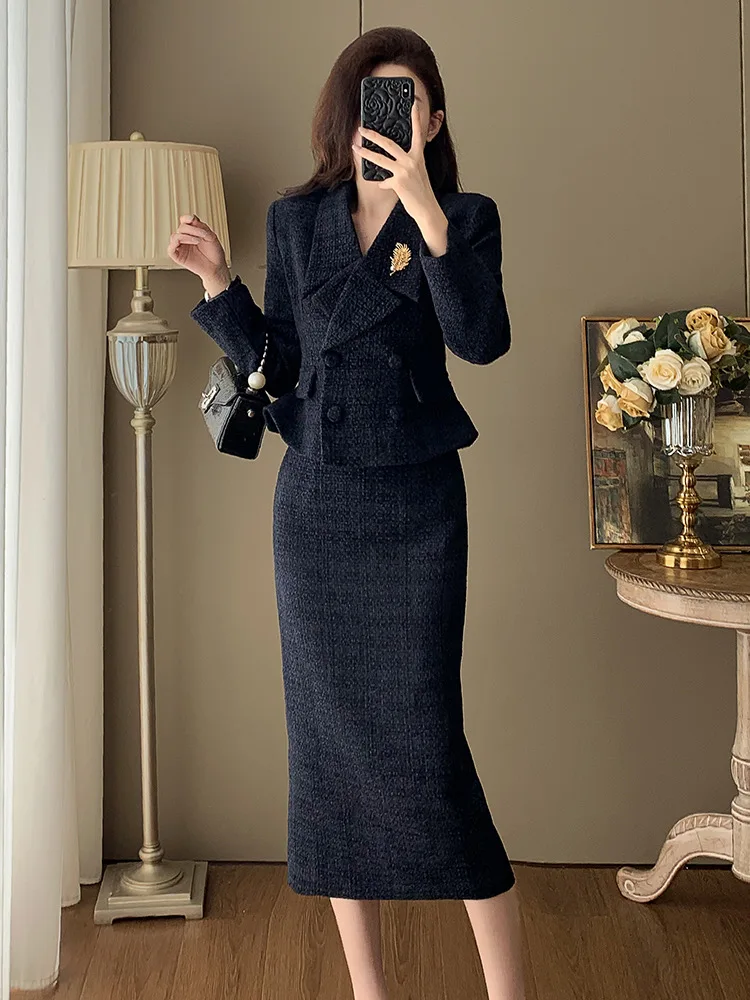 

Autumn Fashion Tweed Set 2-Piece Elegant Office Formal Suit Women Notch Collar Double Breasted Jacket+Midi Skirt костюм