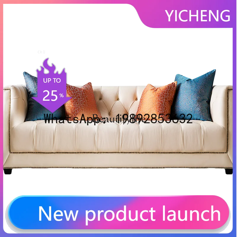 QQ American light luxury leather sofa modern high-end living room original buckle three-person wooden sofa