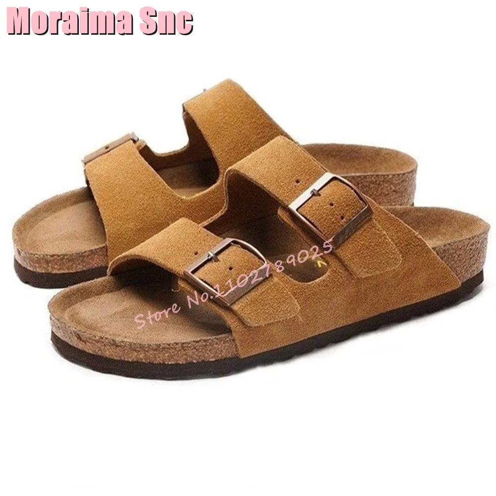 

Suede Leather Belt Buckle Slippers Flat With Round Open Toe Hollow Women's Sandals Summer Slides Retro Style 2024 Brown Solid