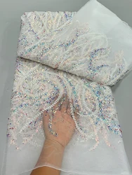 Luxury 2024 African Nigerian Shiny Sequins Swiss Lace Fabric French Handmade Beaded Organza Mesh Lace Fabric For Wedding Dress