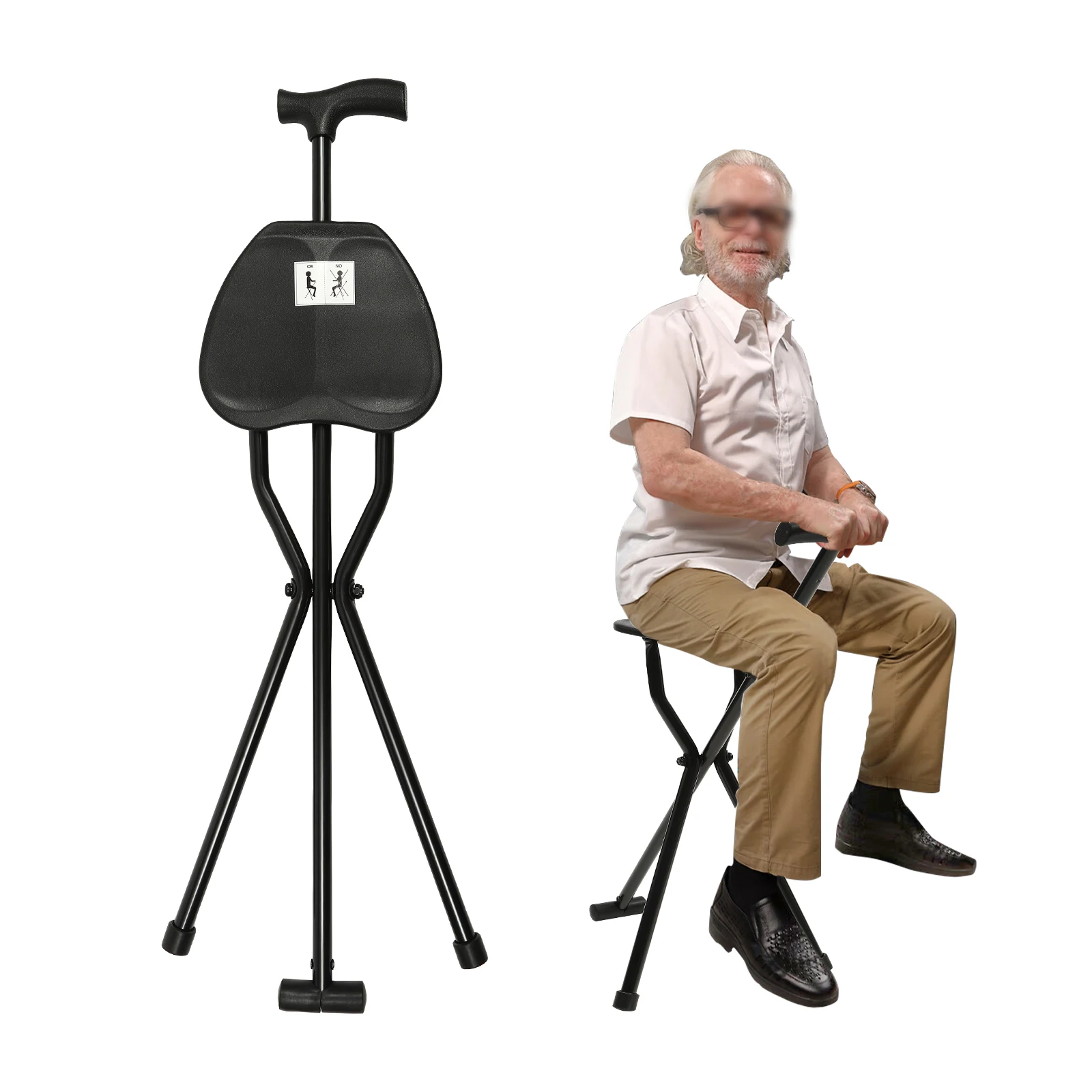 Portable Wand Cane Tripod Chair Adjustable, Lightweight High-End Folding Cane with Seat Elders Travel Hiking Chair for Disabled