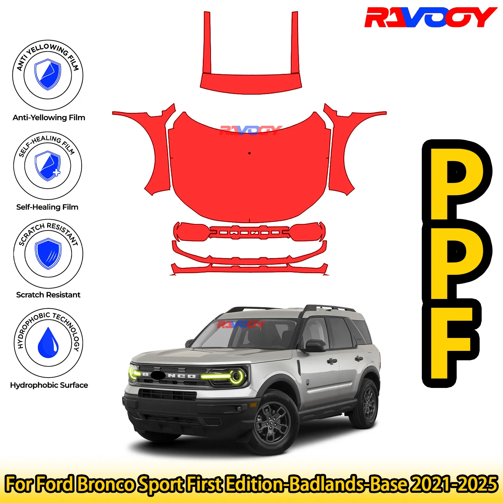 

Для Ford Bronco Sport First Edition-Badlands-Base 2021-2025, глянцевая матовая черная предварительно вырезанная передняя пленка PPF, комплект защиты краски