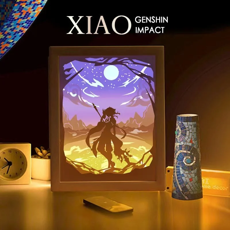 Game Genshin Impact Anime Figures Model 3D Paper Carving Light Rechargeable Wooden Frame LED Night Light Room Decoration Gifts