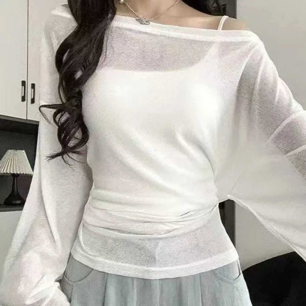 See Through Long Sleeve Oversize T Shirt Women Sexy Back Bandage Off Shoulder Top Female Basic Long Tees Korean Chic Lady New