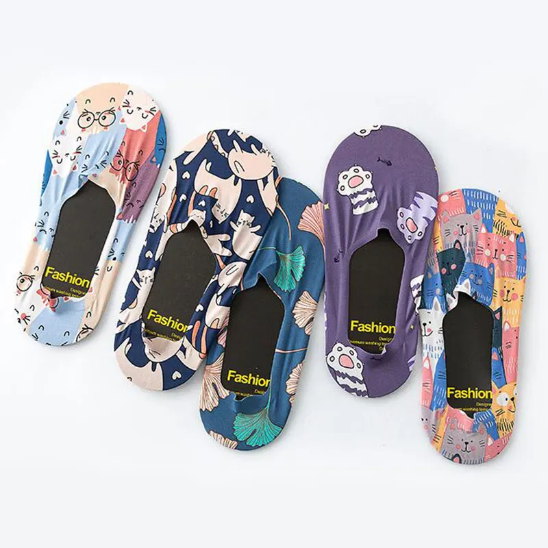 Men Women Slipper Socks Summer Casual Camouflage Socks Cartoon Cats Leaf Floor Socks Thin Low Cut Ankle Invisible Sock