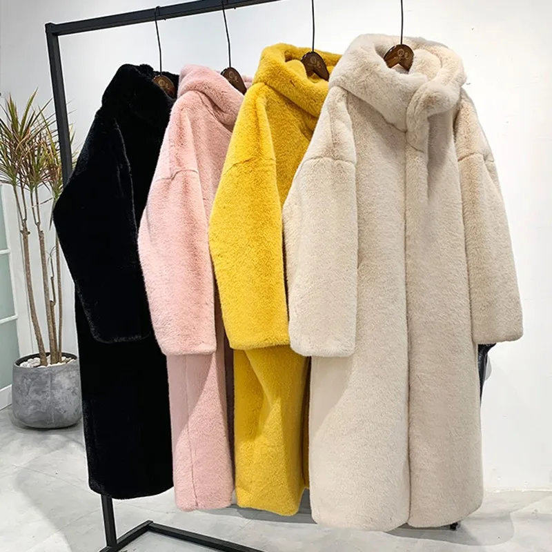 Winter Women High Quality Faux Rabbit Fur Coat Luxury Long Fur Coat Loose Lapel OverCoat Thick Warm  Female Plush Coats