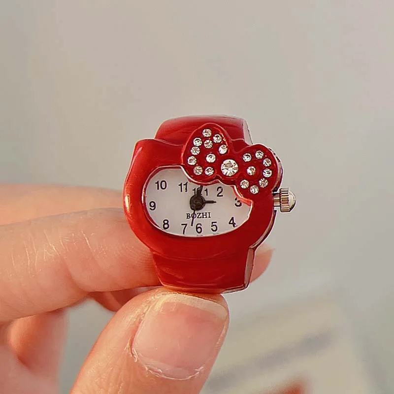 Hello Kitty Sanrio Finger Watch Mini Elastic Strap Alloy Watches Jewelry Clock Retro Roman Quartz Watch Rings Women Men Gift