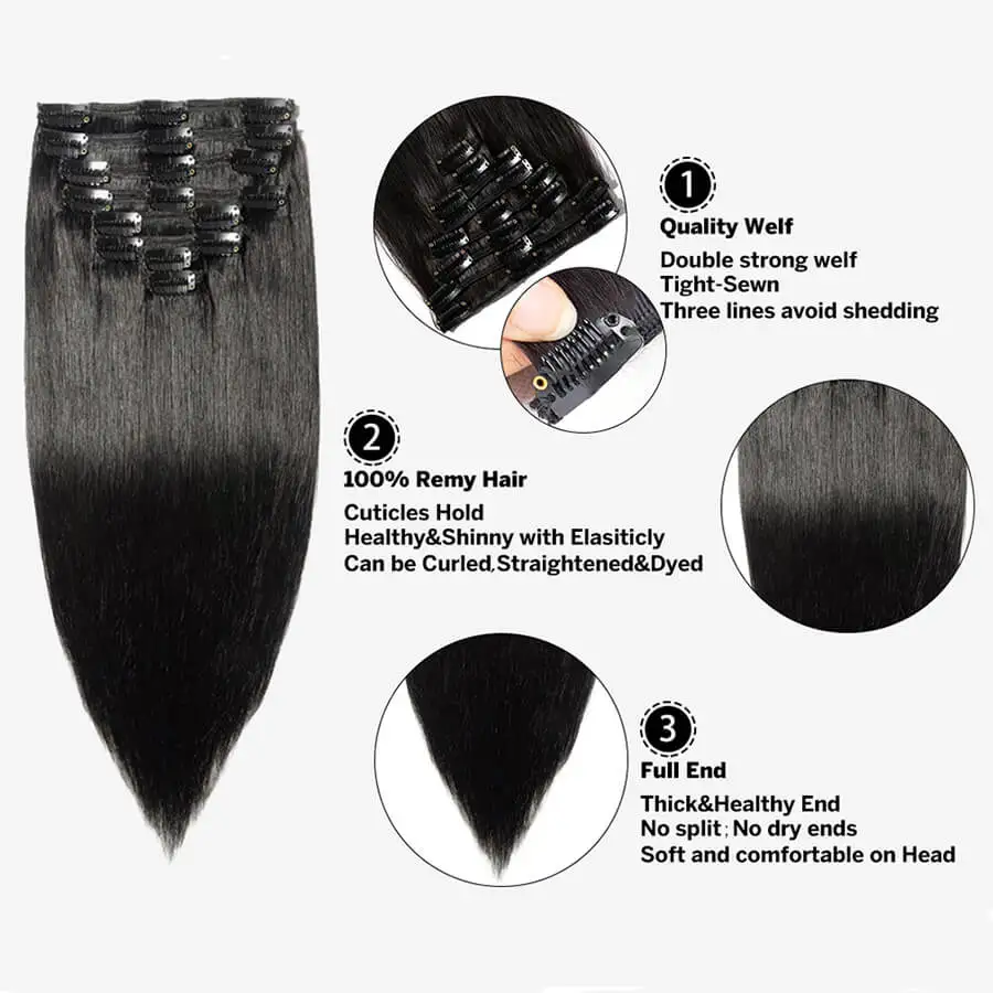 Straight Hair Clip In Hair Extensions Human Hair 16-24Inch Clip-Ins Full Head 8 Pcs/Set For Women 120G Remy Hair Natural Black