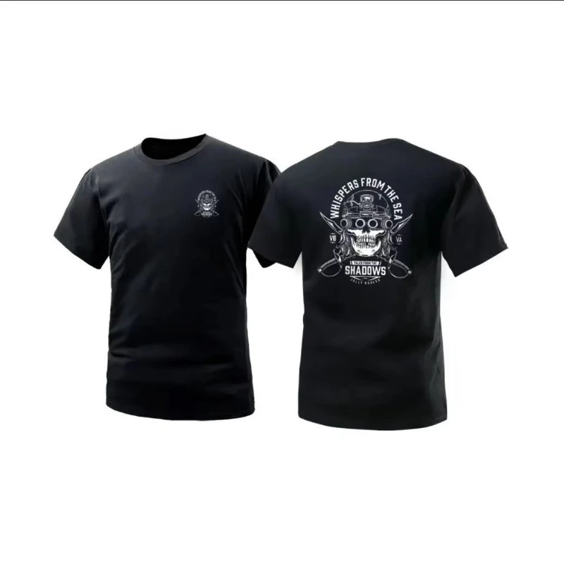 Family Matching T‑Shirt Black Tactical Pirate‑Style Skull Helmet Dual‑Blade Circular Large Back Vintage Streetwear Sleeve Tee