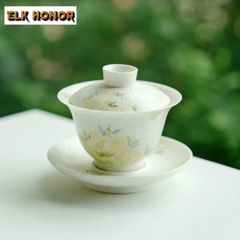 145ml Hand-painted Small Daisy Three-talented Gaiwan Luxury Tea Tureen Tea Bowl With Lid Kit Tea Maker Cover Bowl Teaset Gift