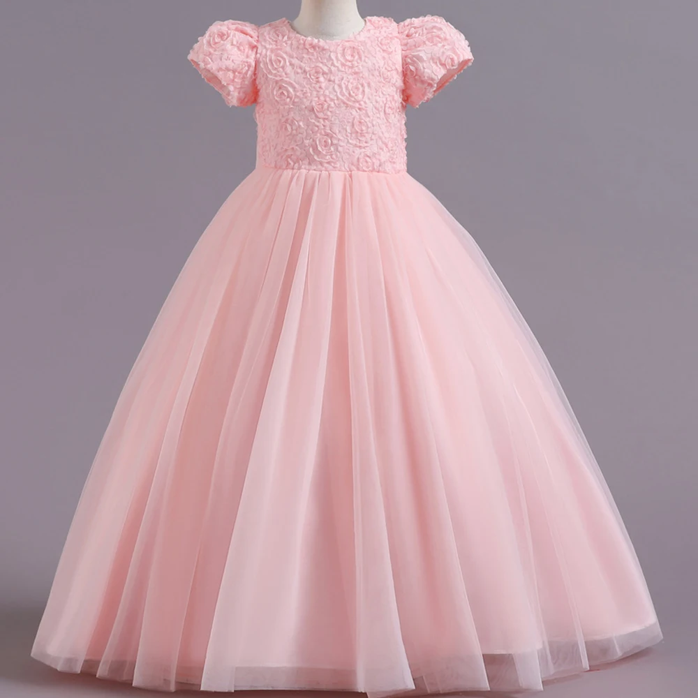 Children\'s Princess Dress Rose Bow Solid Color Christmas Wedding Flower Girl Piano Performance Dress Long Shaggy Skirt