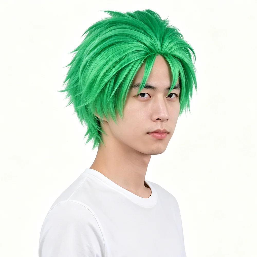 Roronoa Zoro Anime Cosplay Wig Green Short Spiky Layered Heat Resistant Synthetic Hair Halloween Cosplay Costume Prop Unisex