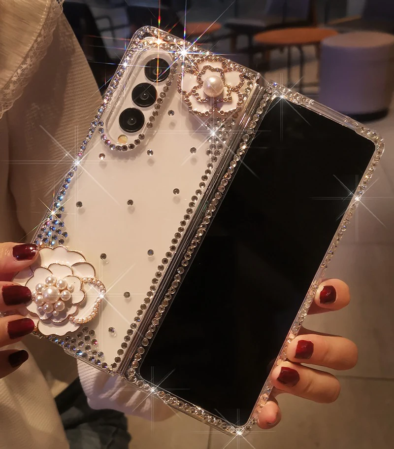 Cover per telefono camelia con perle di diamanti di lusso per Samsung Galaxy Z Fold6 Z Fold 5 custodia rigida per PC con strass Bling per Z Fold 4 3