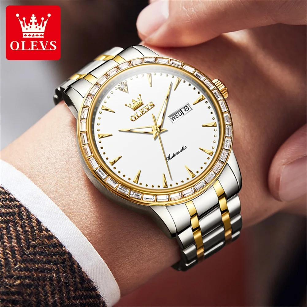 OLEVS 7019 Men's Watches Luxury Diamond Dial Date Calendar Luminous Waterproof Dress Elegant Automatic Mechanical Watch for Men