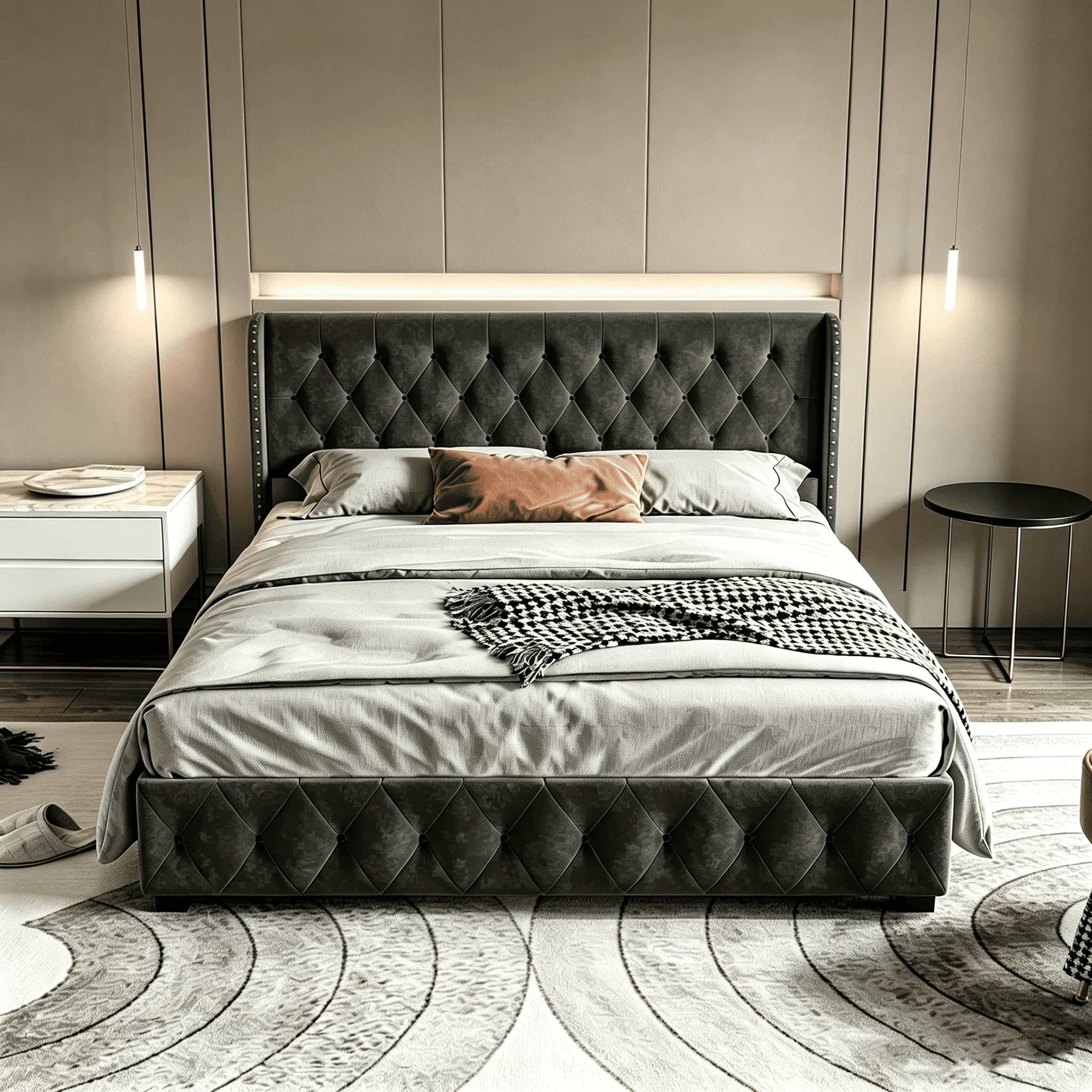 Lit rembourré 140 x 200 cm/160 x 200 cm avec espace de rangement, lit double avec sommier, sommier à lattes en bois, lit pour jeunes, velours, sans matelas GRIS FONCÉ