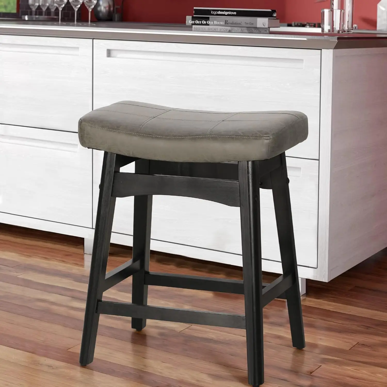 Grey Solid Wood Bar Stool For Kitchen Counter Height Barstool With Faux Leather Saddle Seat Farmhouse Upholstered Stool For