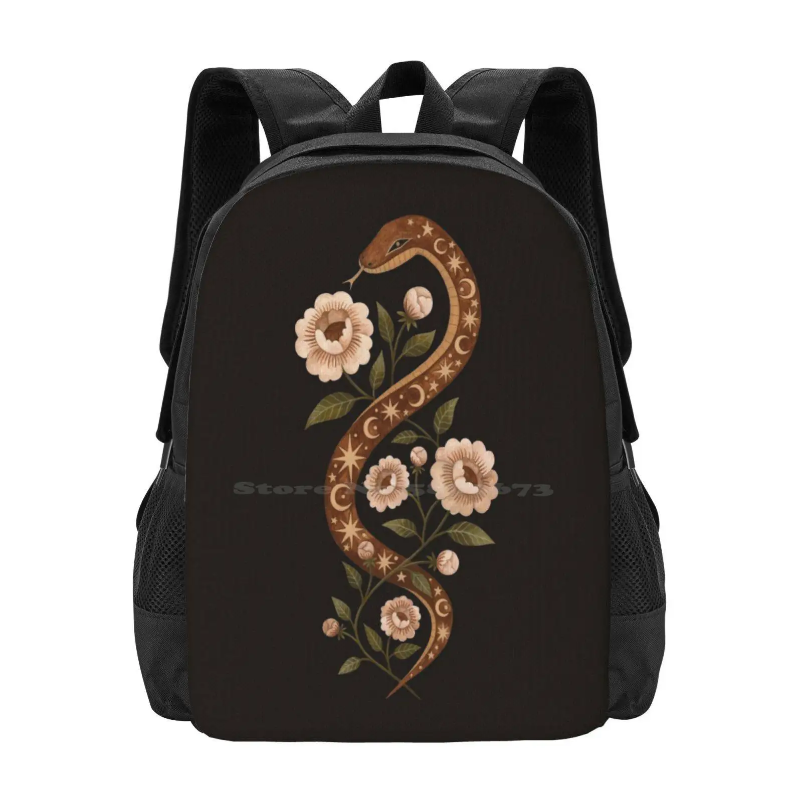 Serpent Spells Pattern Design Laptop Travel School Bags Gouache Snake Serpent Animals Wild Flowers Floral Bloom Blossom Nature