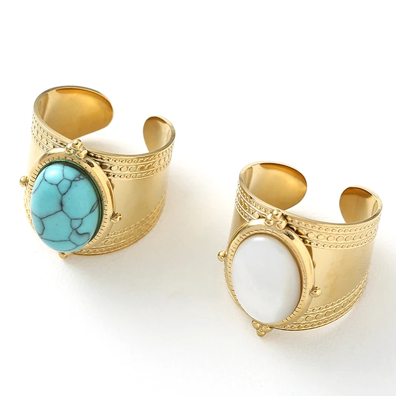Stainless Steel Rings Green Natural Turquoise Open Rings for Women Golden 14K Plated Wide Ring Trendy Female Jewelry 2022 Luxury