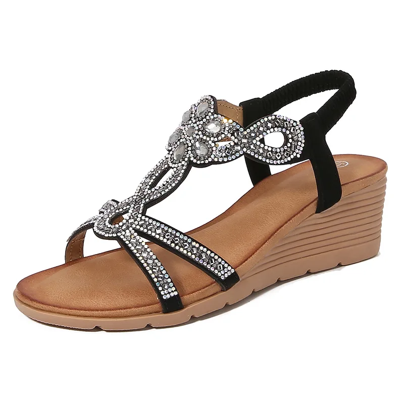 

Bohemian new fashion rhinestone sandals Korean style thick platform heel women's shoes travel leisure easy-matching