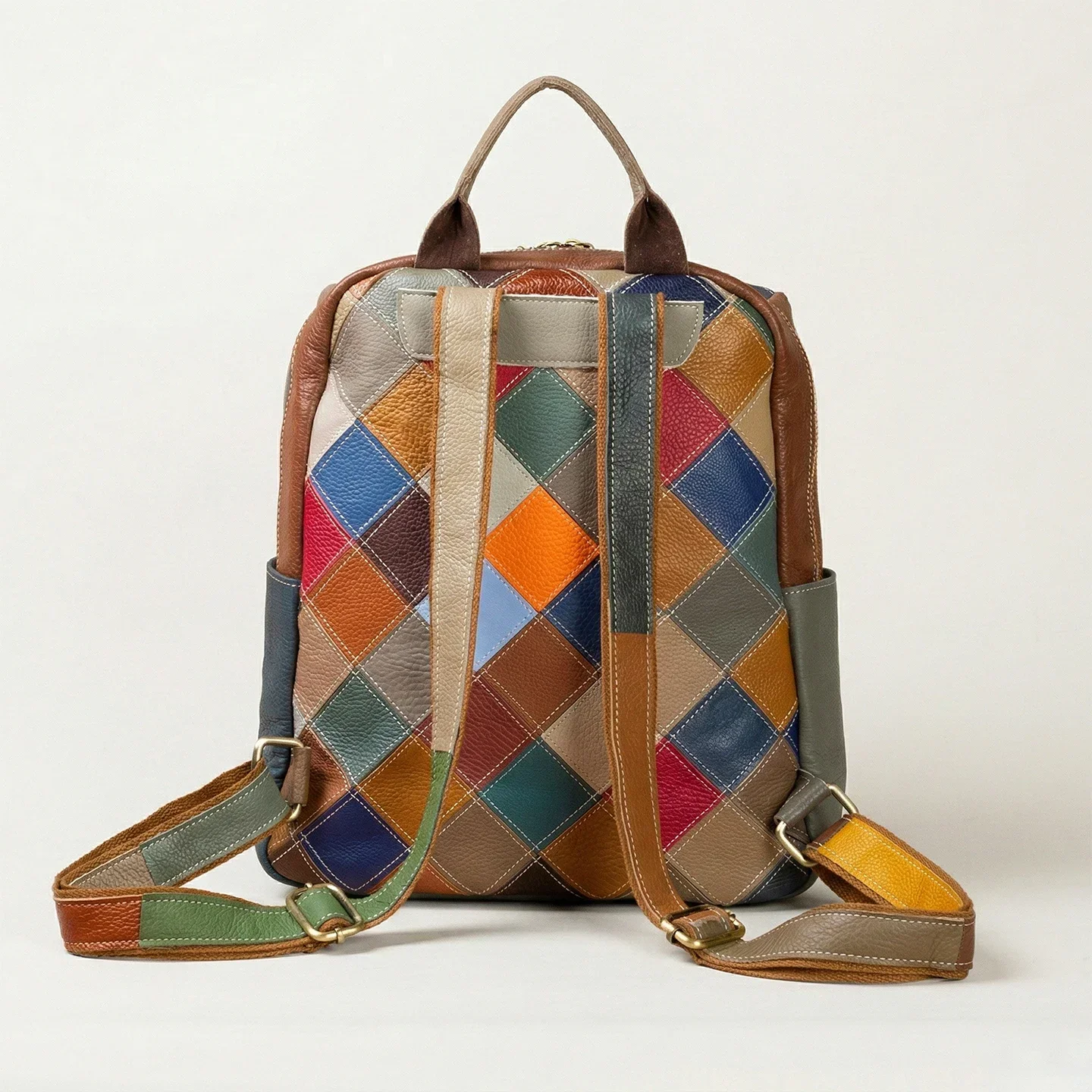 Vintage Genuine Leather Women Backpack Handmade Bag Multicolor Diamond Quilted Casual School Bag Travel Work Ladies Cowhide Bag