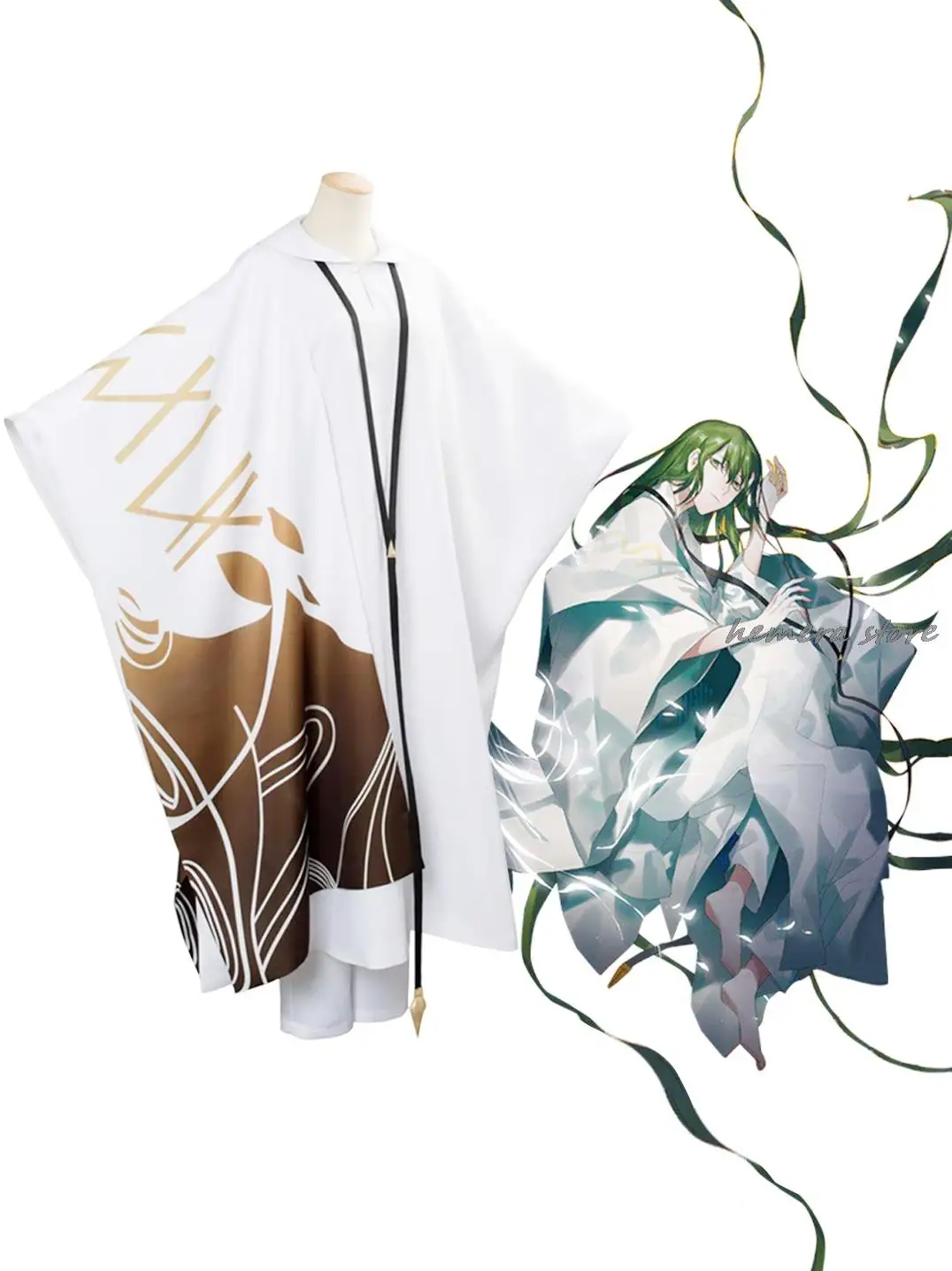 Fate/strange Fake Enkidu Cosplay Costume Cloak Wig Chains of Heaven Necklace Ring False Lancer White Rope Set Green Long Hair