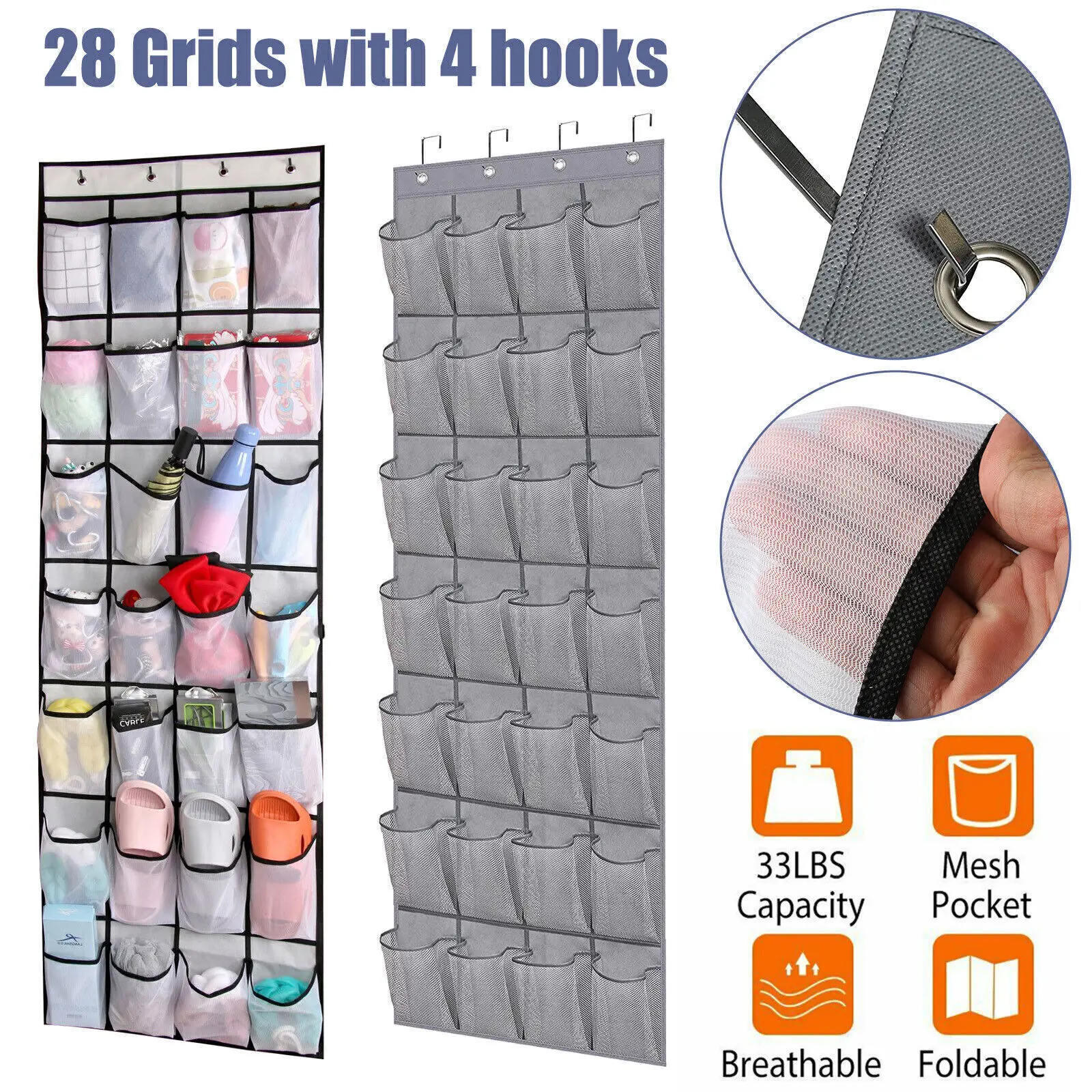 28 Pockets Shoes Organizer Rack Wall Hanging Organizers Space Saver Hanging Over The Door Behind Closet White Storage Free Nail