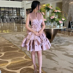 CustomizedV Neck Tiered A-Line pleats Sashes Evening Dress Modern Above Knee Length Satin Sleeveless Party Gowns for special occ