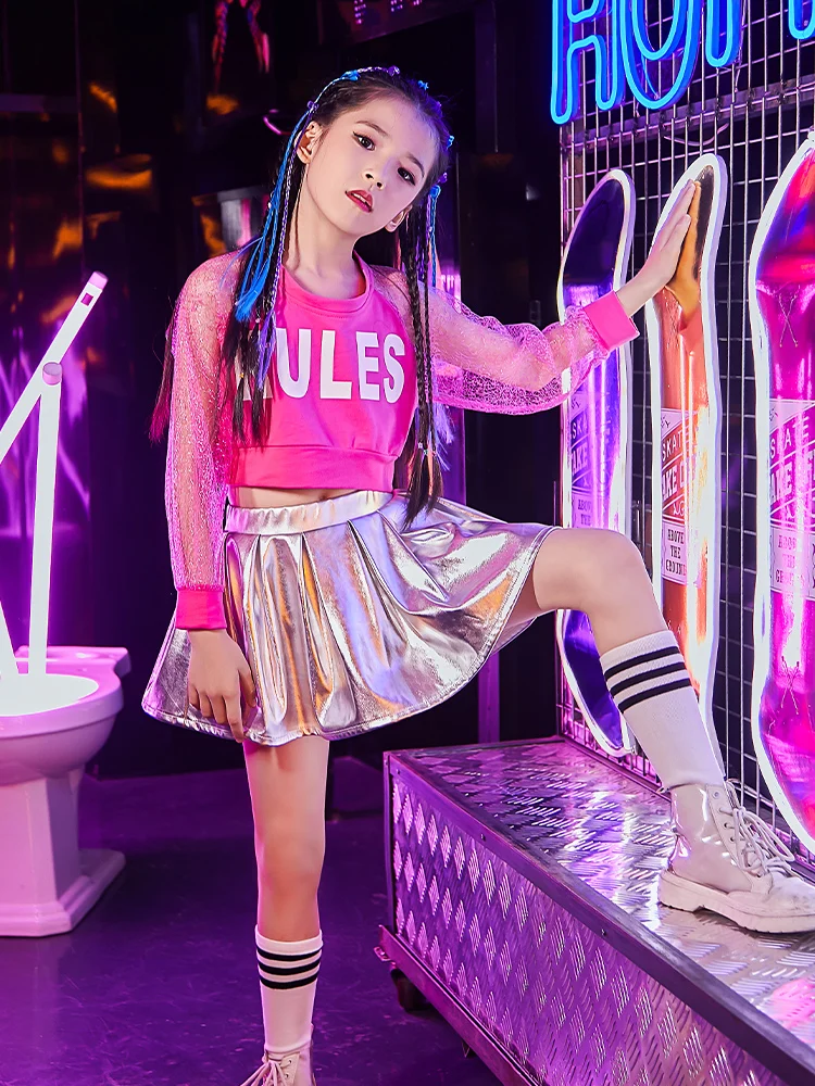 ZZL-trajes k-pop de baile urbano para niños, ropa de Hip-hop para niñas, ropa de rendimiento de vacaciones de baile de Jazz, Color rosa y plateado,