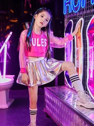 ZZL K-pop Outfits Urban Dance Children Clothes Hip-hop Girls Jazz Dance Holiday Performance Clothes 2 Pcs Pink Silver Color