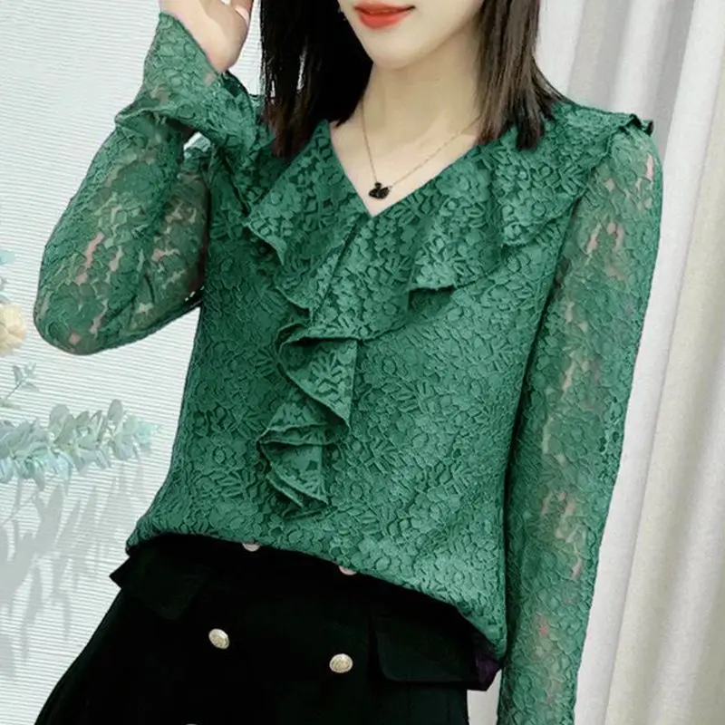 Sexy Floral Lace Hollow Out Blouse Female Clothing Stylish Ruffles Spliced Spring Autumn Casual Long Sleeve Elegant V-Neck Shirt