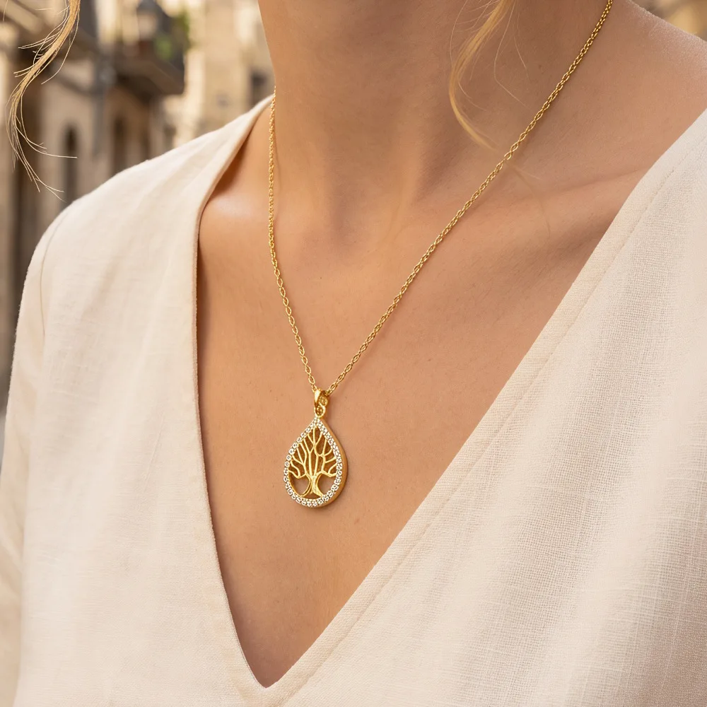 Chinese Style Lucky Tree Of Life Cubic Zirconia Inlaid Necklace Water Drop Round Pendant Fortune Blessing Clavicle Chain Women