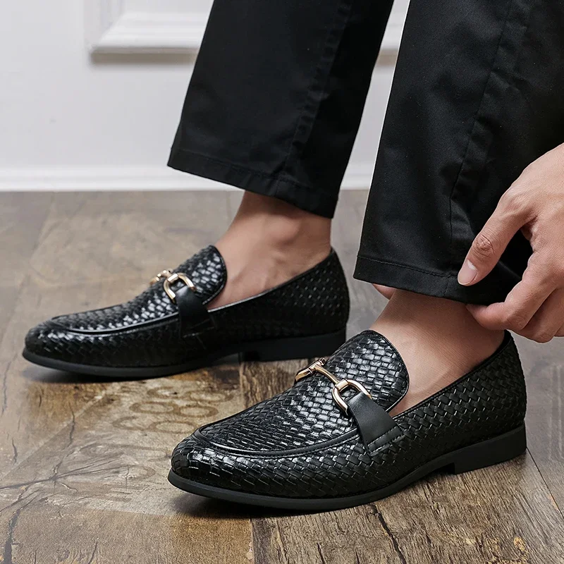 Mens Shoes Casual Leather Loafers Fashion Weave Slip on Formal Shoes Business Bureau Leisure Walk Male Adult Shoes Comfortable