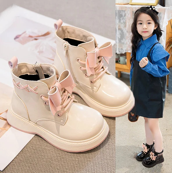 2024 Children Short Boots for Girls Winter New Fashion Sweet Bowtie Soft Bottom Anti-slippery Versatile Casual Side Zipper Shoes