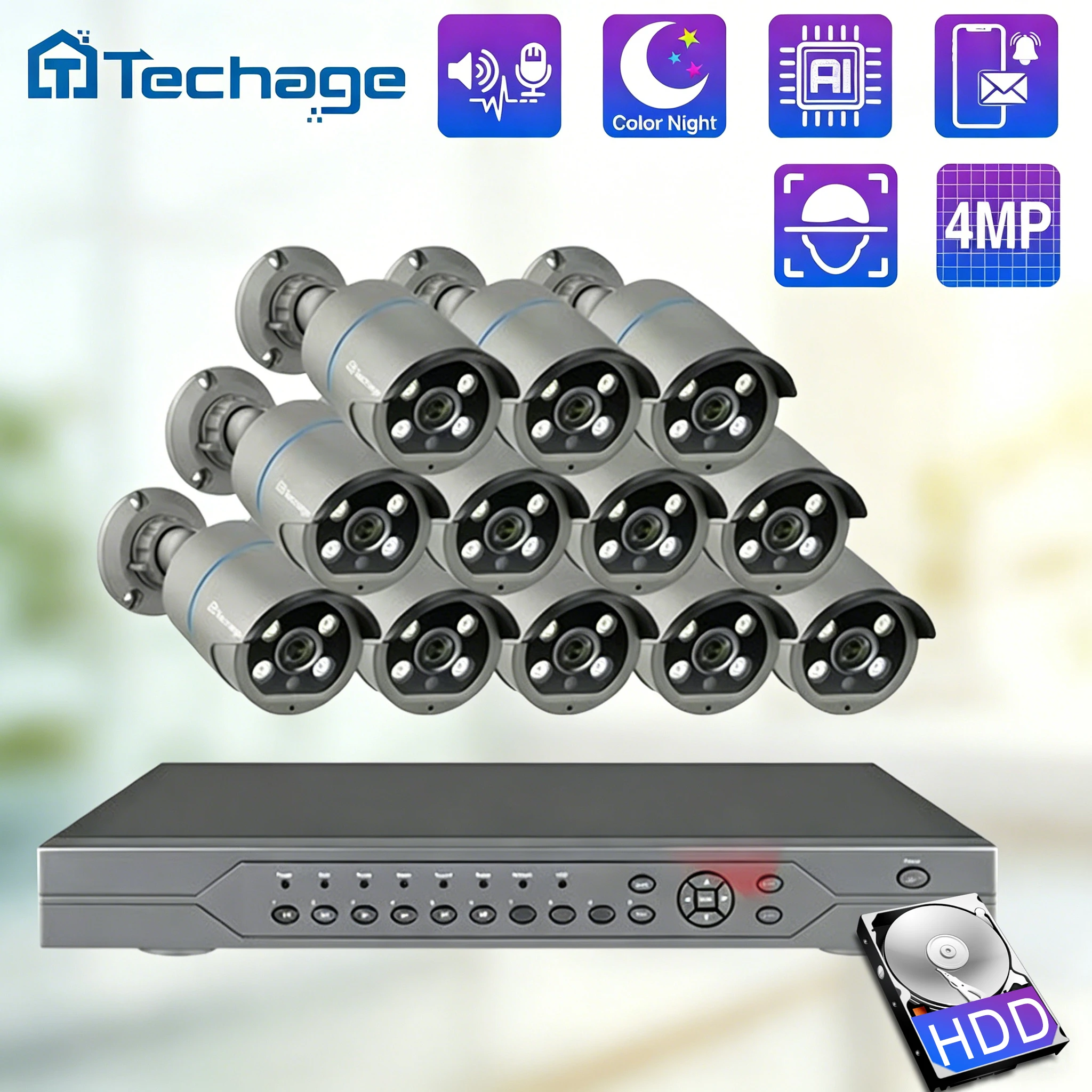 Techage 16CH 4MP PoE Camera System 2-way Audio Color Night Vision NVR Kit CCTV IP Video H.265 Surveillance Security Set ONVIF