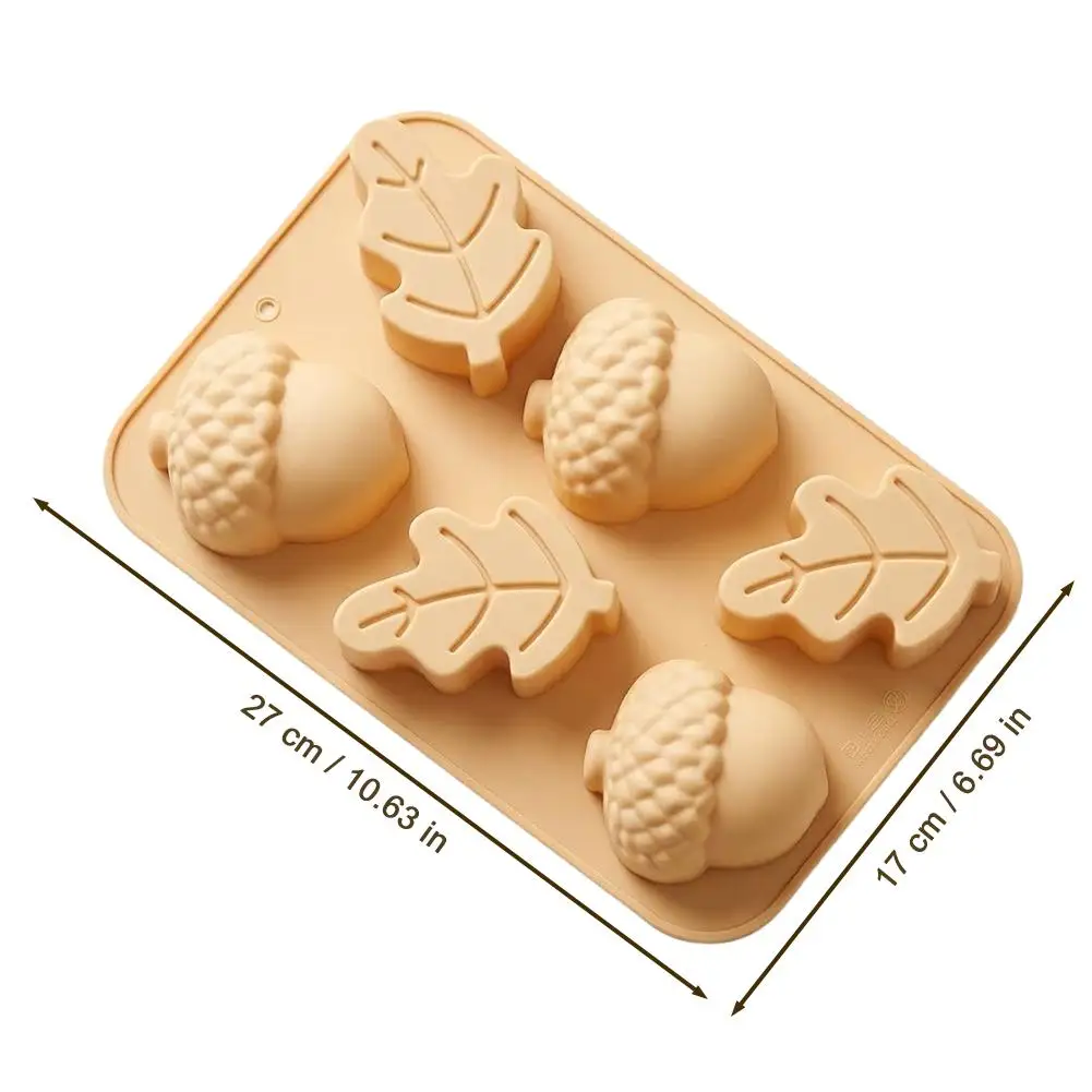 6-Cavity Silicone Autumn Baking Mold Peach Beige Acorn Leaf Cake Pan Non-Stick Flexible Chocolate Jelly Muffin Tray for Kitchen