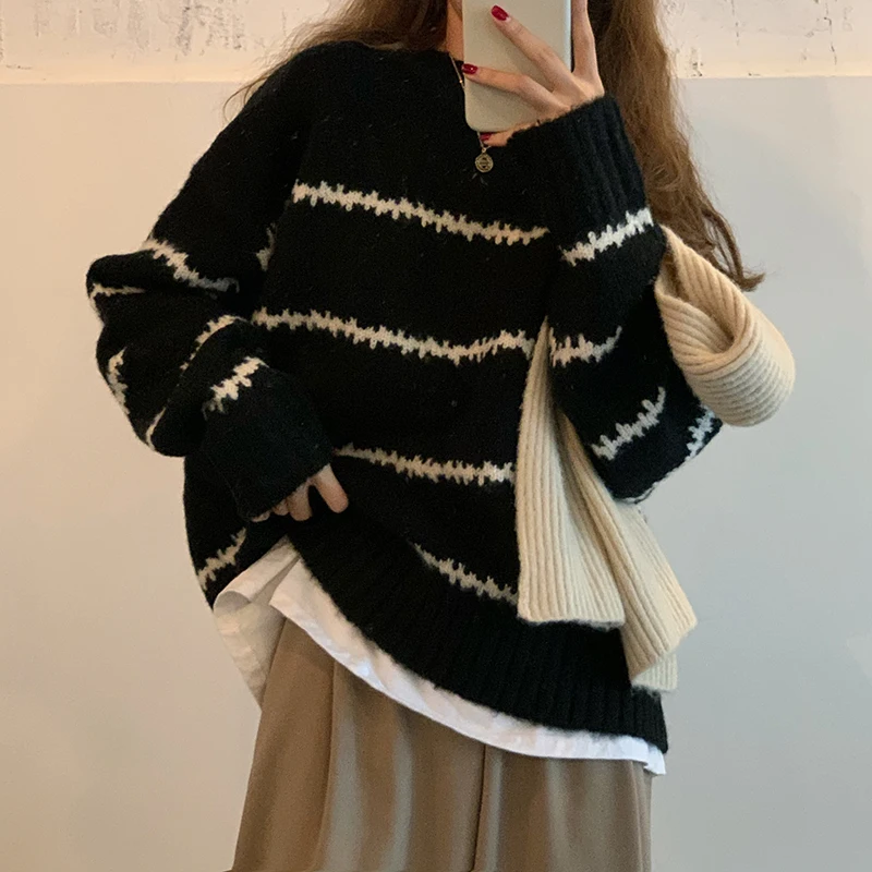 

Women Sweater Casual Pullovers Autumn Winter Basics Knitted Korean Loose Striped O-neck Long Sleeve Elegance Sweet