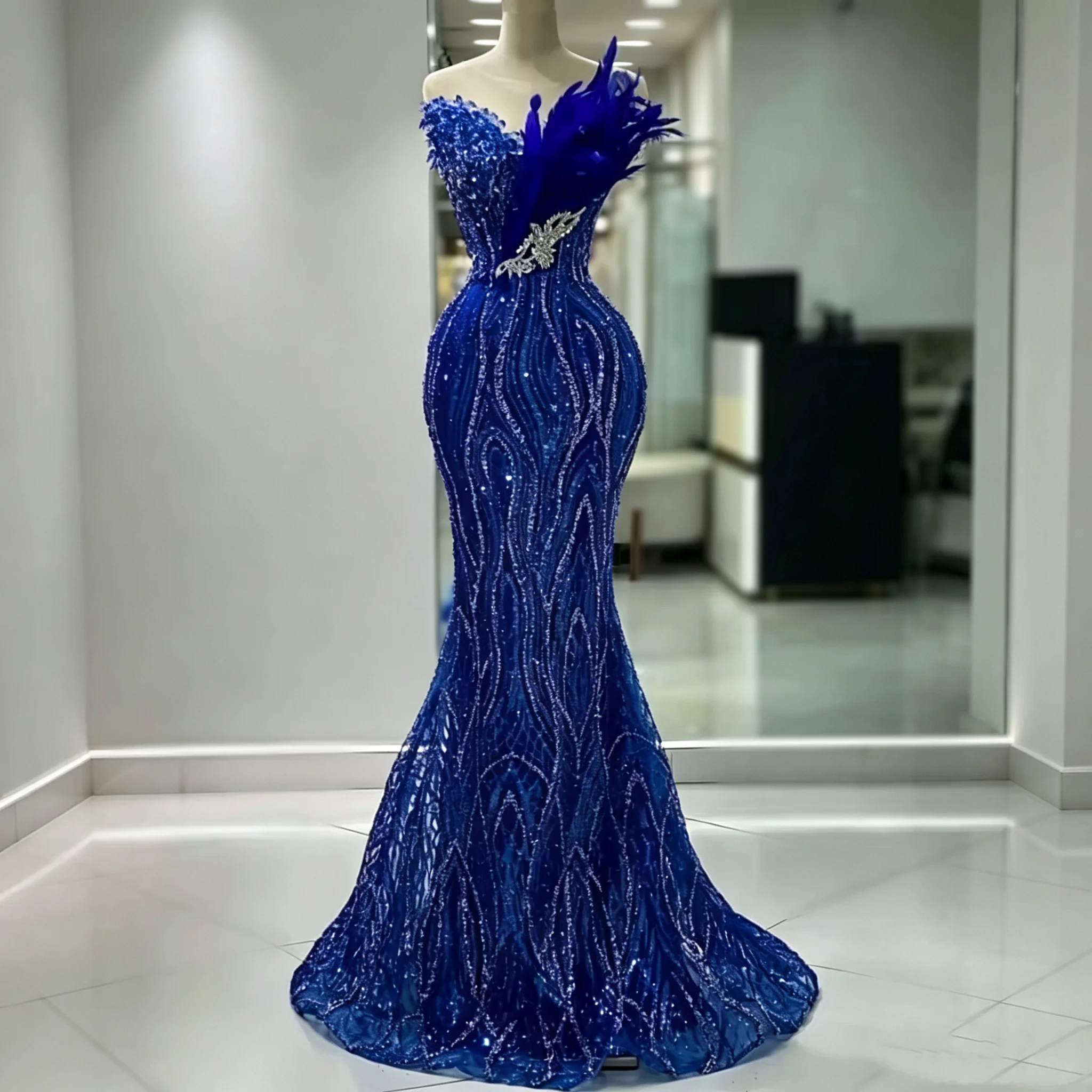 Royal Blue Sequin Feather Mermaid Evening Dress Off Shoulder Formal Prom Gown 2025 New Party Dress Vestdos De Fiesta Customized